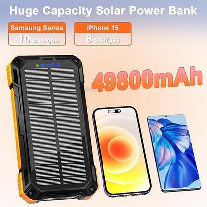WONGKUO Solar Charger Power Bank - 49800mAh Solar Phone Charger with USB-C in/Output, QC 3.0 Fast Charging with LED Flashlight, Built-in 4 Cables, IP65 Waterproof Fits for Outdoor (Matte Orange)