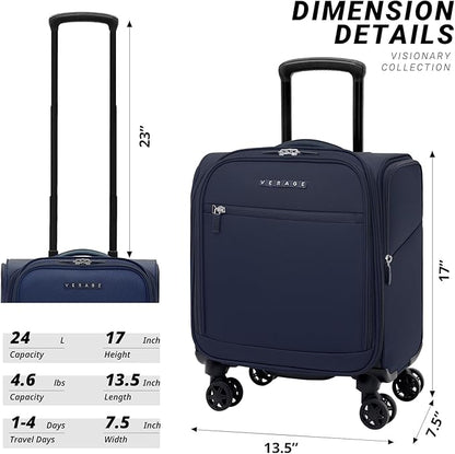 Verage Under Seat Luggage with Wheels, Softside Small Suitcase Spinner Carry On Luggage Bags for Airlines Airplanes Short Trip Men Women (Navy, 14-Inch Underseat)