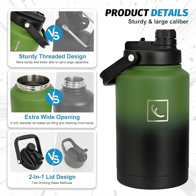 NATURE PIONEOR One Gallon Water Bottle Insulated - Large Double Vacuum Stainless Steel 128 oz Water Bottle with Holder/Carrier, 1 Gallon Water Jug 2 in 1 LID, Flip Straw and Spout, Wide Mouth