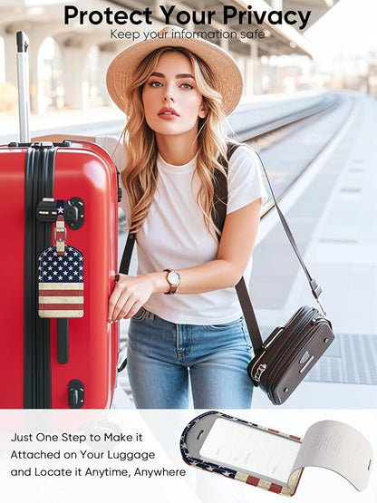 Luggage Tags Built-in Anti-Loss Tracker, Luxury Leather Luggage Tags for Suitcase, Travel Bags, Backpacks, Travel Organizer for Lost Baggage Prevention (US Flag)