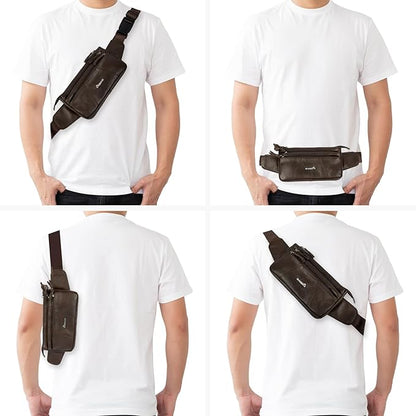 Leather Fanny Pack for Men Women,Genuine Leather Waist Belt Bag with Adjustable Strap Belt Hip Bag with Multi-Pockets for Travel Sports Running Cycling Hiking (brown)