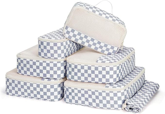 Narwey 7 Set Checkered Packing Cubes for Travel Carry on Suitcase Luggage Organizer Bags for Kids Women Men, Durable Packing Organizers Bag, Travel Essentials Accessories (Grayish Blue Checkerboard)