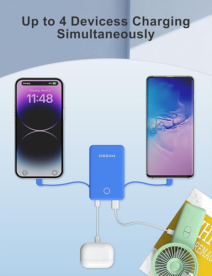 miisso 6000mah Ultra Slim Built in Cables Power Bank, Card Size Built in USB C Cords Battery Pack Portable Charger for Phones, 3 Output External Battery Pack Compatible with iPhone, Deep Blue