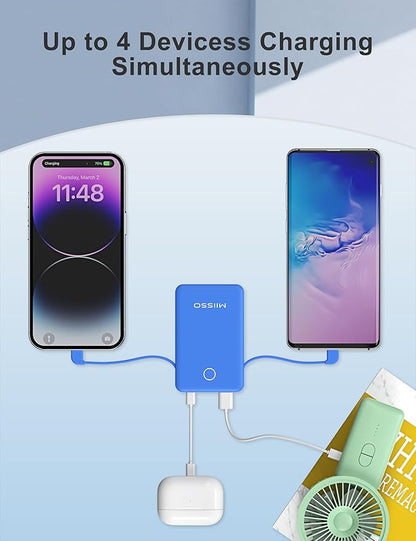 miisso 6000mah Ultra Slim Built in Cables Power Bank, Card Size Built in USB C Cords Battery Pack Portable Charger for Phones, 3 Output External Battery Pack Compatible with iPhone, Deep Blue