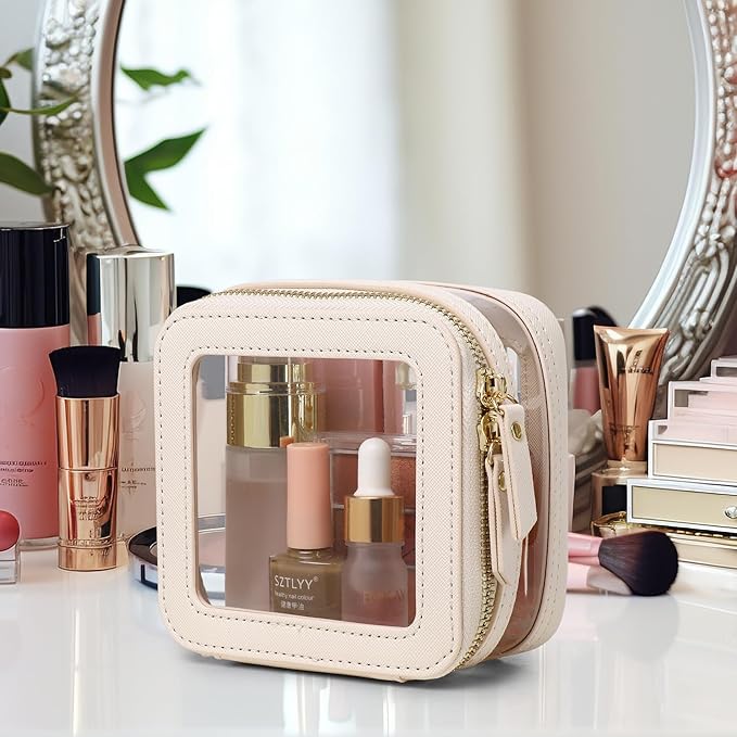 Pinkmik Clear Small Makeup Bag Mini Cosmetic Makeup Case & Toiletry Bag with Zipper,Cute Purse Organizer,Car Essentials for Women (Beige, MINI-2)