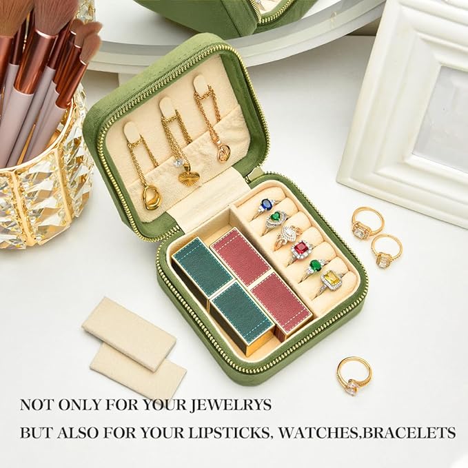 TAIMY Travel Jewelry Case, Small Plush Velvet Jewelry Box for Women and Girls, Portable Jewelry holder organizer for Rings Earrings Necklaces Bracelets(Avocado Green)