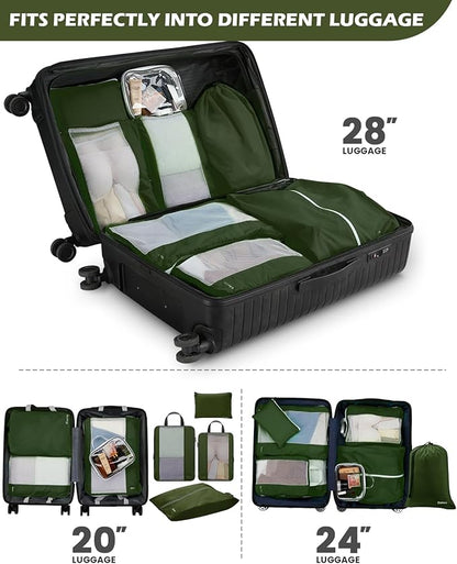 Gonex 8 Set Compression Packing Cubes for Travel, Expandable Mesh Packing Organizer for Travel Accessories Essentials with Toiletry Bag, Laundry Bag, Shoe Bag, Cable Bag for Carry On, Deep Green