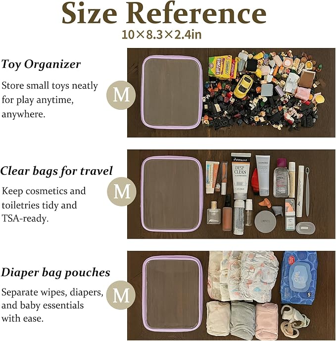 4 pcs Clear Zipper Pouches,Hard Shell Zipper Case, Toiletry Bag for Travel, CLear Diaper Bag, Toiletry Pouch, Travel Organizer, Clear Cosmetic Bag,Toy Storage Bins (M+3S) (Lavender)
