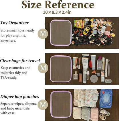 4 pcs Clear Zipper Pouches,Hard Shell Zipper Case, Toiletry Bag for Travel, CLear Diaper Bag, Toiletry Pouch, Travel Organizer, Clear Cosmetic Bag,Toy Storage Bins (M+3S) (Lavender)
