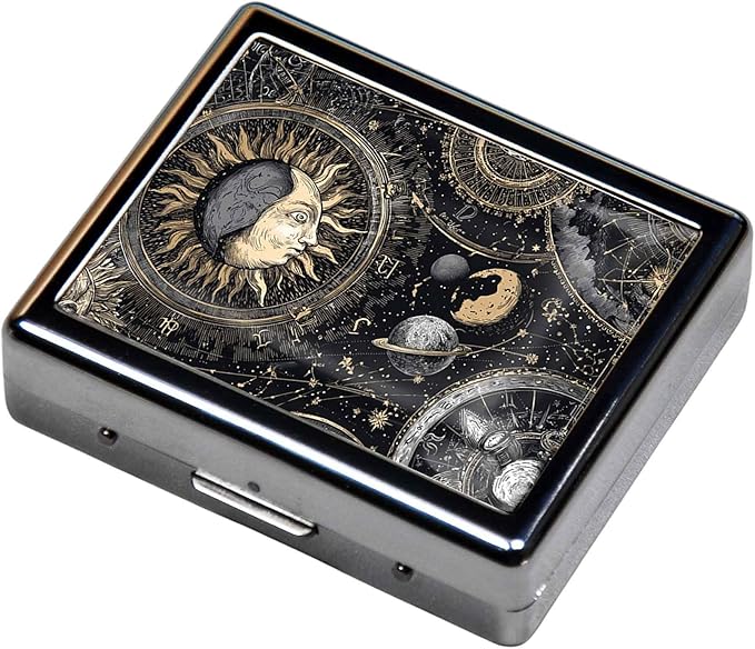 7 Days Chromed Shiny Silver Pill Organizer with Mirror Inside Has 8 Separate Compartments Rectangle,Versatile Storage for Medication - Ideal Travel Accessory (Retro Sun and Moon)