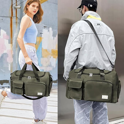 Gym Bag for Women Men, Travel Duffle Bag Large Capacity Carry On Weekender Bag With Shoe Compartment Gym Tote Dry Wet Separation Duffel Bag with Makeup Bag, Olive Green