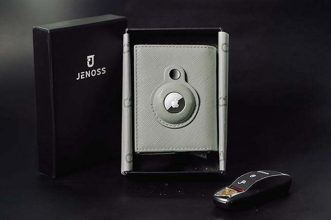 Jenoss Smart AirTag Wallet for Men & Women: Full Grain Leather, Handcrafted, Pop Up Case, Slim, RFID Blocking, Credit Card Holder, Apple Air Tag Tracker Minimalist 9-12 Slot | ID & Cash (Black& Grey)