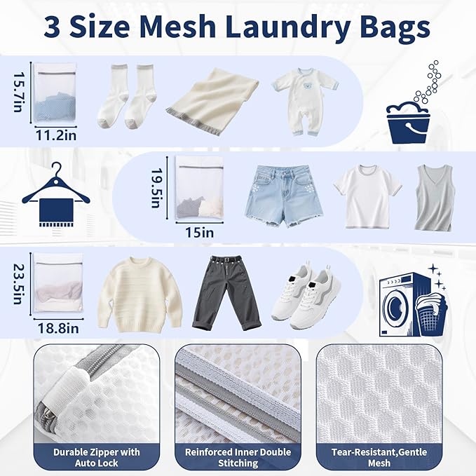 Laundry Bag Backpack with 3 Sizes Mesh Wash Bags and Shoulder Straps Foldable Clothes Hamper Bag with Drawstring Closure for College, Apartment, Laundromat (Dark Blue)