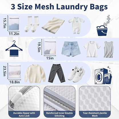 Laundry Bag Backpack with 3 Sizes Mesh Wash Bags and Shoulder Straps Foldable Clothes Hamper Bag with Drawstring Closure for College, Apartment, Laundromat (Dark Blue)