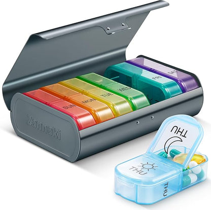 Zannaki Metal XL Weekly Pill Organizer 2 Times a Day, Large Travel Daily Pill Box 7 Day, Portable Week Twice Pill Holder Container, AM PM Pill Case for Medicine Vitamin Medication Supplement, Grey