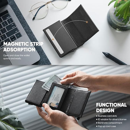 VULKIT Pop up Wallet Minimalist Cash Wallets RFID Blocking Leather Smart Credit Card Holder with Magnetic Closure for Men