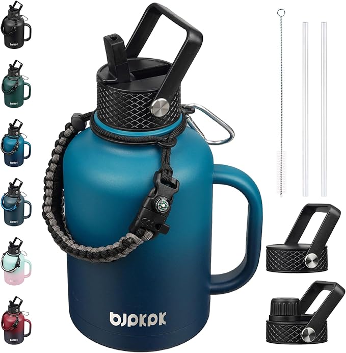 BJPKPK Large Insulated Water Bottles with Straw Lid & Handle, 50oz, 64oz, 87oz, 128oz Water Bottle with 3 Lids and Paracord Strap, Stainless Steel Metal Water Bottle, Insulated Water Jug, Vast