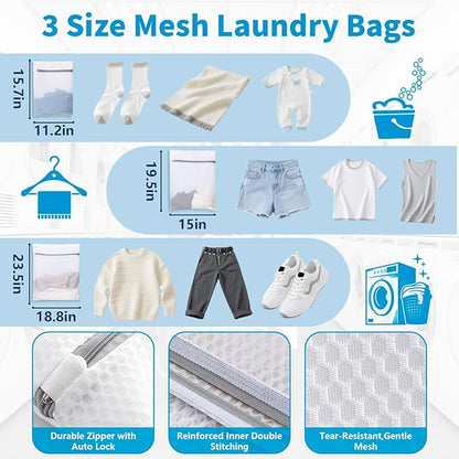 Laundry Bag Backpack with 3 Sizes Mesh Wash Bags and Shoulder Straps Foldable Clothes Hamper Bag with Drawstring Closure for College, Apartment, Laundromat (Blue)