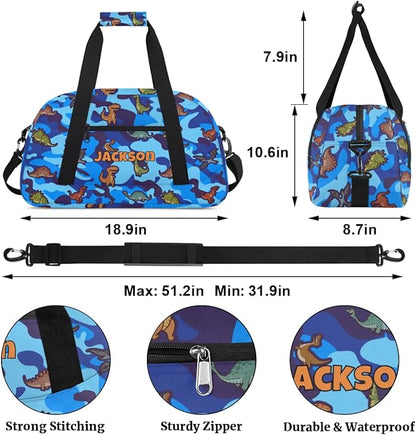 Personalized Duffel Bag for Kids Girls Boys, Cartoon Dinosaurs Custom Name Gym Bag Overnight with Padded Handles Carry On Weekend Sports Travel Bag for School Practice Gymnastics Ballet