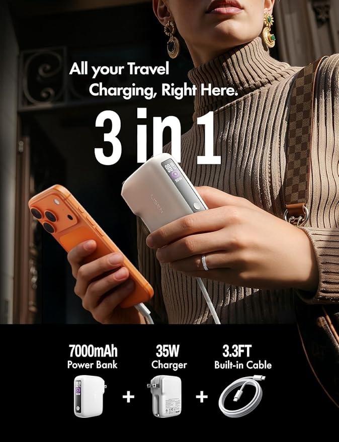 LISEN 3 in 1 Fast Travel Charger, 35W Power Bank Fast Charging Portable Charger with Wall Plug Built in Cable, 7000mAh Traveling Essentials Christmas Vacation Gifts for iPhone 17 16 Pro Samsung S25 24