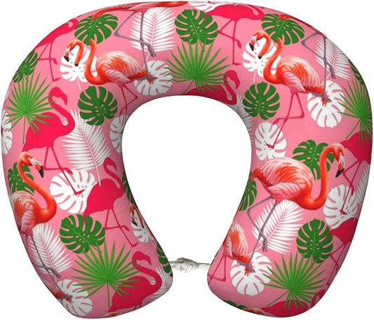Neck Travel Pillow, Breathable Memory Foam Chin & Head Support Cushion Tropical Palm Leaf Pink Flamingos for Airplane Car Sleeping Rest