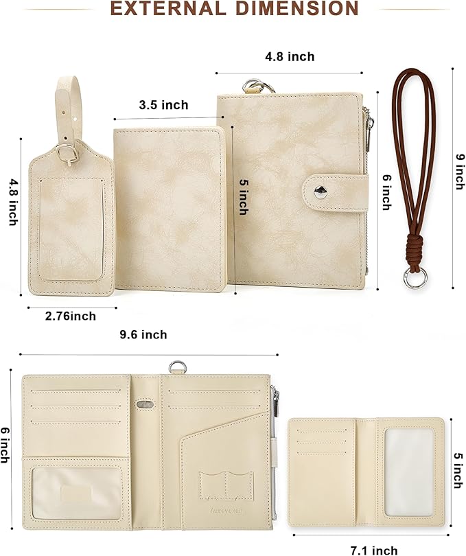 Passport Wallet for Travel, Luxury Vegan Leather RFID Blocking Passport Holder & luggage tag for Women Men, Wristlet Wallet with Zipper Pocket, Couple Travel Essentials