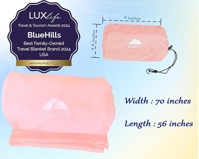 BlueHills Ultra Compact Travel Blanket Pillow in Portable Bag Case Soft with Strap Backpack Clip Premium Cozy Soft Compact Pack Large Blanket for Airplane Flight Layover - (Pink C006, 70 x 56 inch)
