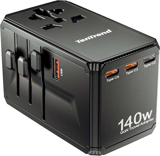 Universal Travel Adapter, 140W International Power Adapter with 4 USB-C & 1 USB-A Ports, European Travel Plug Adapter, Worldwide Travel Essentials for EU UK AUS USA