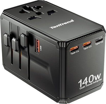 Universal Travel Adapter, 140W International Power Adapter with 4 USB-C & 1 USB-A Ports, European Travel Plug Adapter, Worldwide Travel Essentials for EU UK AUS USA