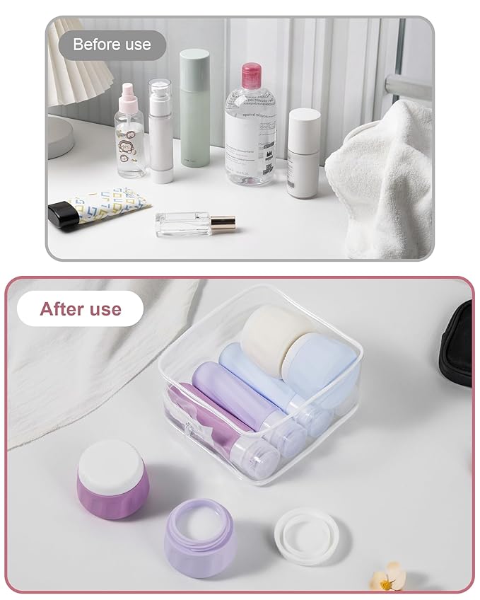 Travel Size Toiletries 8 Pack, TSA Approved 3oz Silicone Squeeze Bottles & Cream Jars with Clear Travel Bag
