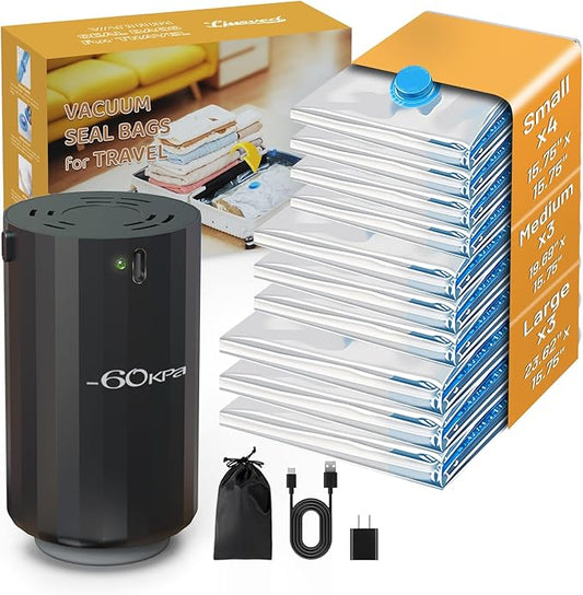 10 Vacuum Bags for Travel with High Pressure (-60KPa, 8.5L/min) Electric Pump - Vacuum Seal Packing Bags for Clothing Travel, Space Saver Suction Storage Bags for Luggage and Carry-On Suitcase