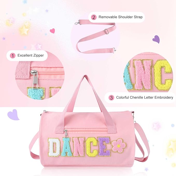 Dance Bag for Girls, KUIRAN 23L Travel Duffel Bag with Colorful Chenille Letter, Lightweight Small Gym Sport Ballet Weekender Bag with Large Main Compartment - Pink/Flower