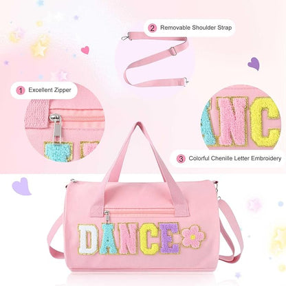 Dance Bag for Girls, KUIRAN 23L Travel Duffel Bag with Colorful Chenille Letter, Lightweight Small Gym Sport Ballet Weekender Bag with Large Main Compartment - Pink/Flower
