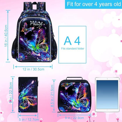 WZLVO 3PCS Butterfly Backpack for Girls, 16" Kids Preschool Bookbag with Lunch Box, Water Resistant School Bag for Elementary Kindergarten Toddler