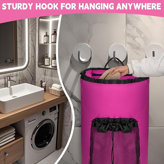 Laundry Bag Backpack with 3 Sizes Mesh Wash Bags and Shoulder Straps Foldable Clothes Hamper Bag with Drawstring Closure for College, Apartment, Laundromat (Pink)