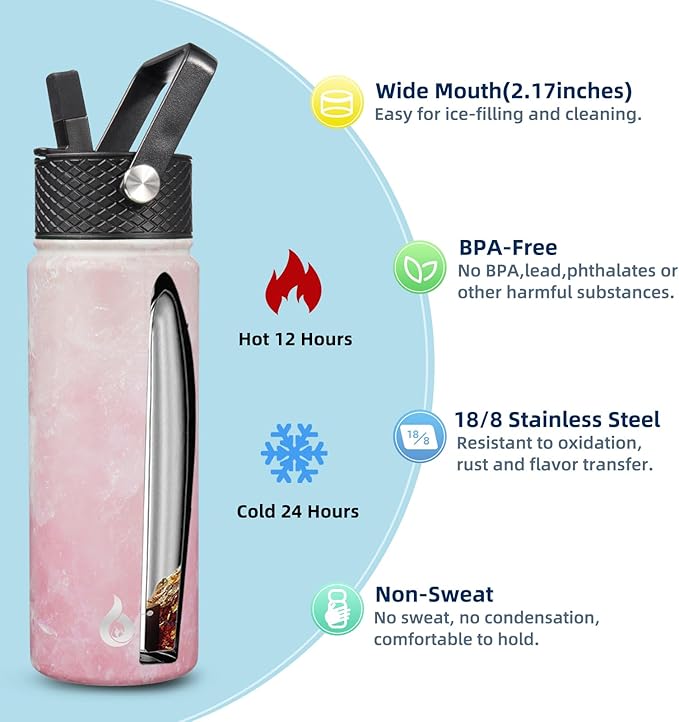 BJPKPK Insulated Water Bottles with Straw Lid, 22oz Cold & Hot Thermo, Stainless Steel Metal Water Bottle with 3 Lids, Reusable Thermo, Cups, Mugs for Daily Use-Blossom