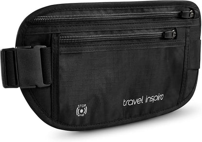travel inspira Travel Money Belt with Anti-Theft Zipper Upgrade Larger Slim Travel Pouch with RFID Blocking Fabric to Protect Credit Cash, Passports, and Documents, Black