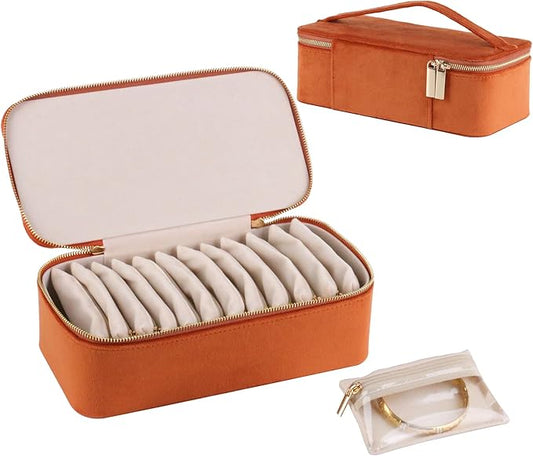HofferRuffer Jewelry Box Organizer for Women Girls, Travel Jewelry Case with 12 Portable Zipper Bags, Jewelry Storage Ideal for Travel & Home Organization (12pcs-Brown Velvet)