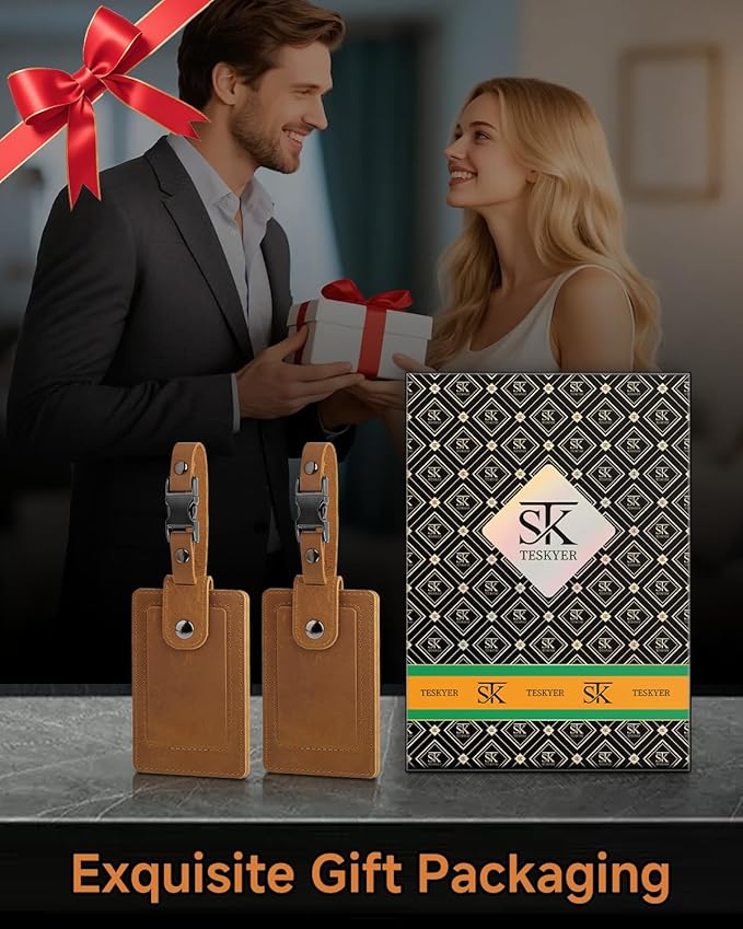 Premium Genuine Leather Luggage Tags for Suitcases - Quick Release, Privacy Protection, Elegant and Durable, Travel Essential Luggage Tag - 2 Pack Brown