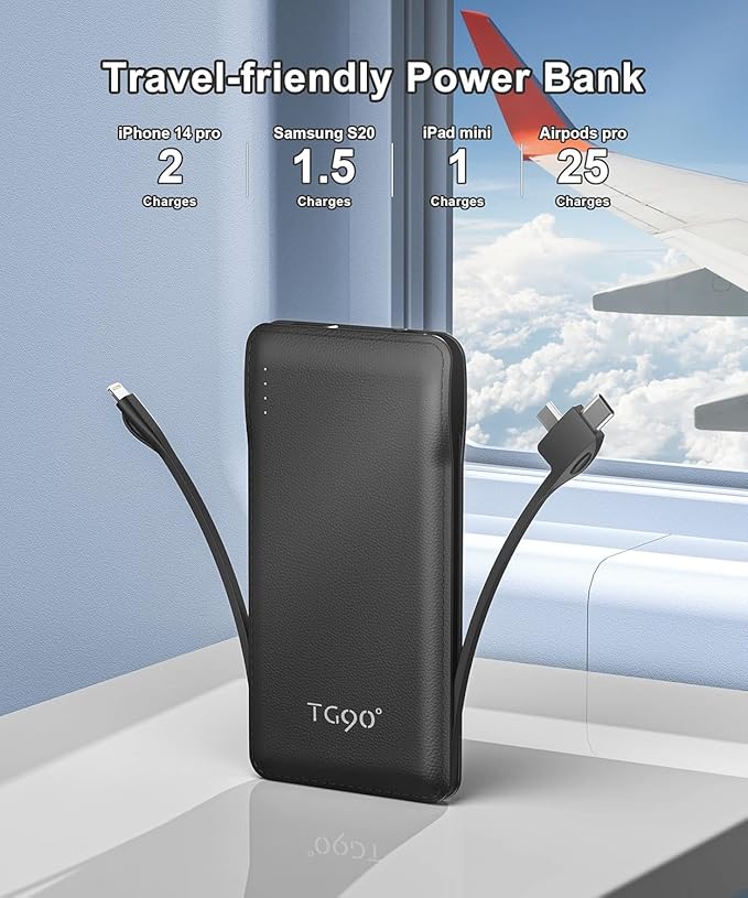 TG90° Portable Charger with Cords Only 10000mAh Power Bank with Built in Cables(No Plug) Battery Backup Cell Phone External Battery Pack Compatible with iPhone 17 16 15 14 13 12 Samsung Google iPad