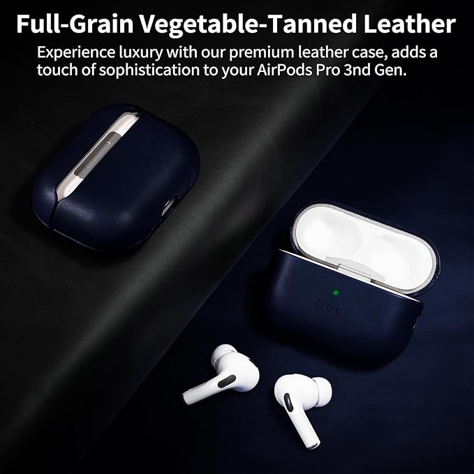 Belemay Handcrafted Full-Grain Vegetable-Tanned Leather Case for AirPods Pro 3rd Gen (2025), Classy Two-Tone Effect, Natural Patina, Compatible with MagSafe, Compatible with Airpods Pro 3, Navy Blue