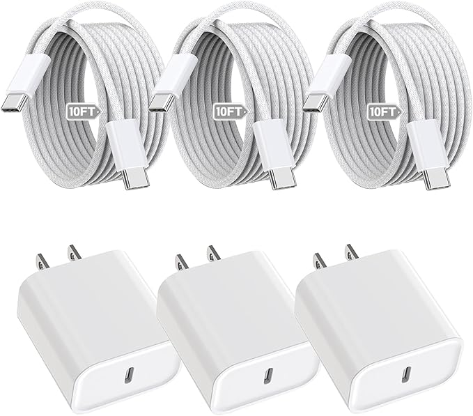 iPhone 16 15 Charger Fast Charging,3Pack 20W Fast Charging USB C Charger with 10Foot Long Type C to C Cable Cord TypeC Block Brick for iPhone 16e/16/16 Pro/16 Plus/16 Pro Max/15 Pro,iPad Air/Pro/Mini