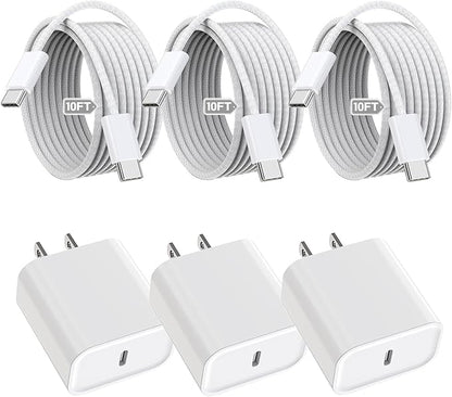 iPhone 16 15 Charger Fast Charging,3Pack 20W Fast Charging USB C Charger with 10Foot Long Type C to C Cable Cord TypeC Block Brick for iPhone 16e/16/16 Pro/16 Plus/16 Pro Max/15 Pro,iPad Air/Pro/Mini