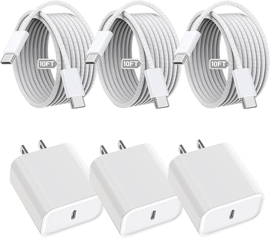 iPhone 16 15 Charger Fast Charging,3Pack 20W Fast Charging USB C Charger with 10Foot Long Type C to C Cable Cord TypeC Block Brick for iPhone 16e/16/16 Pro/16 Plus/16 Pro Max/15 Pro,iPad Air/Pro/Mini