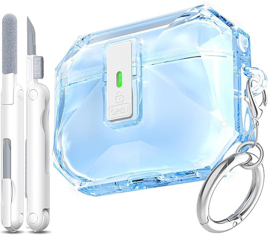 R-fun for AirPods Pro 3 Case (2025) Cover with Cleaning Kit, Military-Grade Shockproof Transparent Non-Yellowing, Auto Pop-Up Lid Design for AirPods Pro 3rd Generation Case, Clear Blue