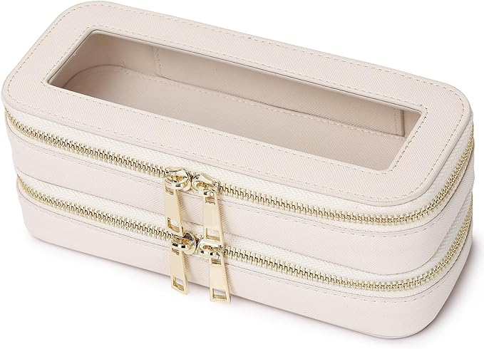 Pinkmik Double Layer Makeup Bag Makeup Brush Case Waterproof Travel Cosmetic & Toiletry Bag Purse Organizer and Car Essentials for Women (Beige, Double SLIM)