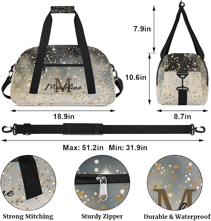 Personalized Kids Sports Duffel Bag with Name Custom Weekender Overnight Bag for Boys Girls Gym Bag Travel Dance Gymnastics Duffel Bag, Black Glitter Yellow Shiny