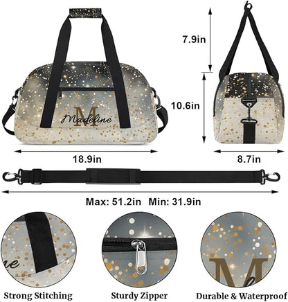 Personalized Kids Sports Duffel Bag with Name Custom Weekender Overnight Bag for Boys Girls Gym Bag Travel Dance Gymnastics Duffel Bag, Black Glitter Yellow Shiny