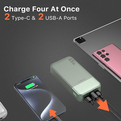 Power Bank, 20000mAh 45W Portable Charger, PD3.0 QC4.0 Fast Charging with LED Display, 2 USB-C, 2 USB-A, Battery Pack for iPhone 15 14 13 Series, MacBook, Galaxy, iPad, and More (Green)