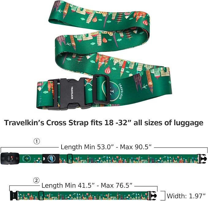 Travelkin Luggage Straps TSA Approved - Adjustable Cross Suitcase Straps with TSA Lock, Reinforced Buckle, Unique Pattern - Secure Heavy Duty Luggage Straps for Travel (Green)